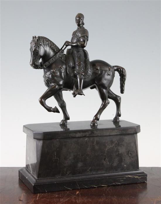 After Donnatello. A patinated bronze model of Gattamelata, figure on horseback, 11.25in.